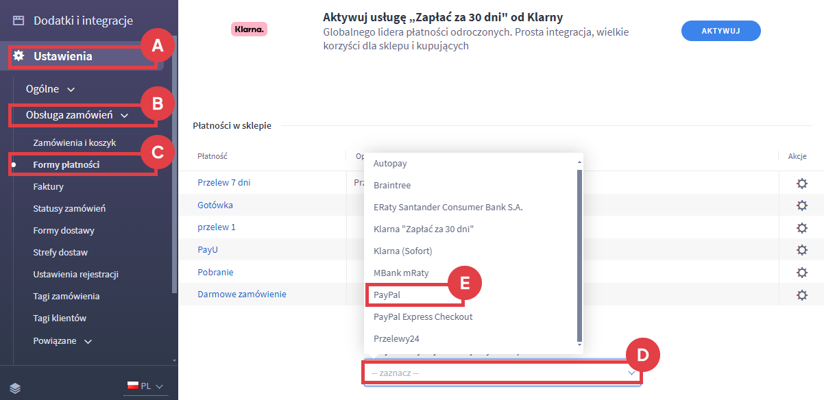 Rozwiń listę u dołu ekranu i wybierz opcję: PayPal Panel administracyjny sklepu > Obsługa zamówień > Formy płatności > Zaznacz PayPal