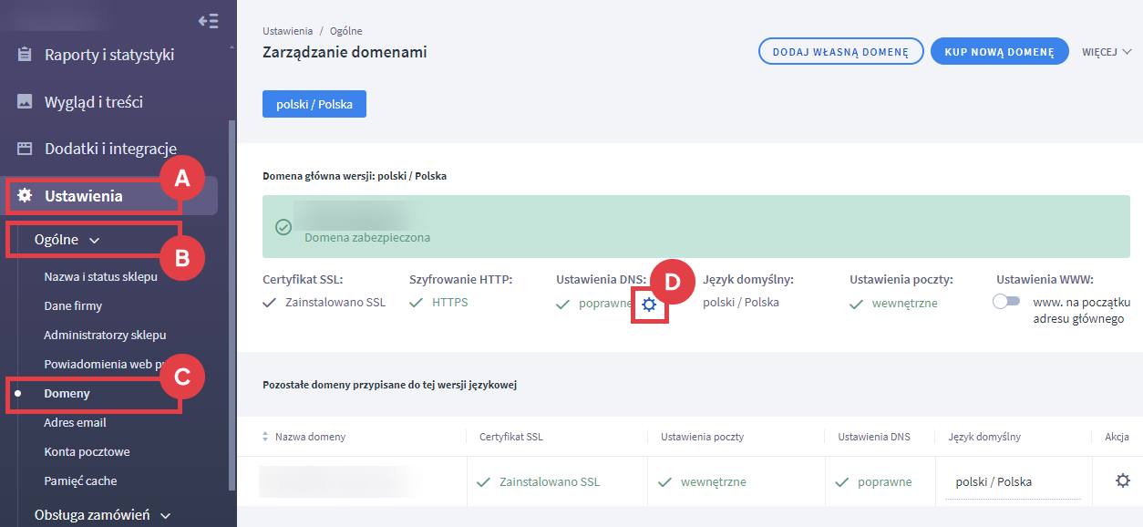 Panel administracyjny sklepu > Ustawienia > Ogólne > Domeny
