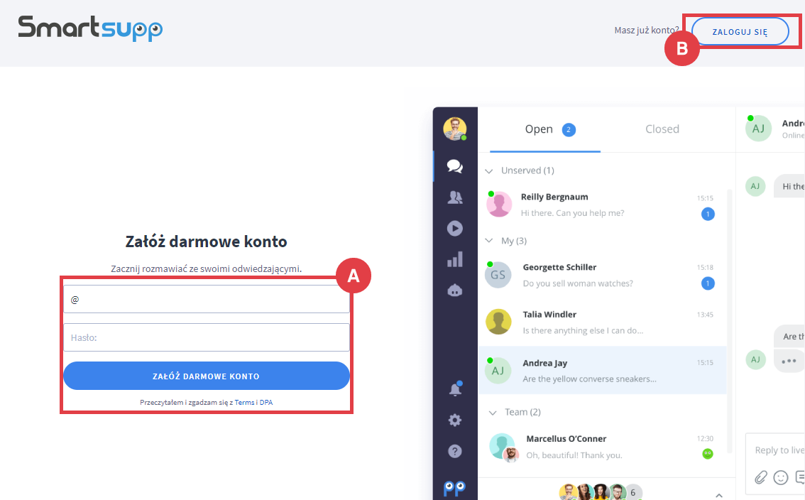 Załóż darmowe konto lub zaloguj się do Smartsupp Panel administracyjny sklepu > Dodatki i integracje > Moje aplikacje > Smartsupp - AI, live czat oraz czatbot > Okno powitalne