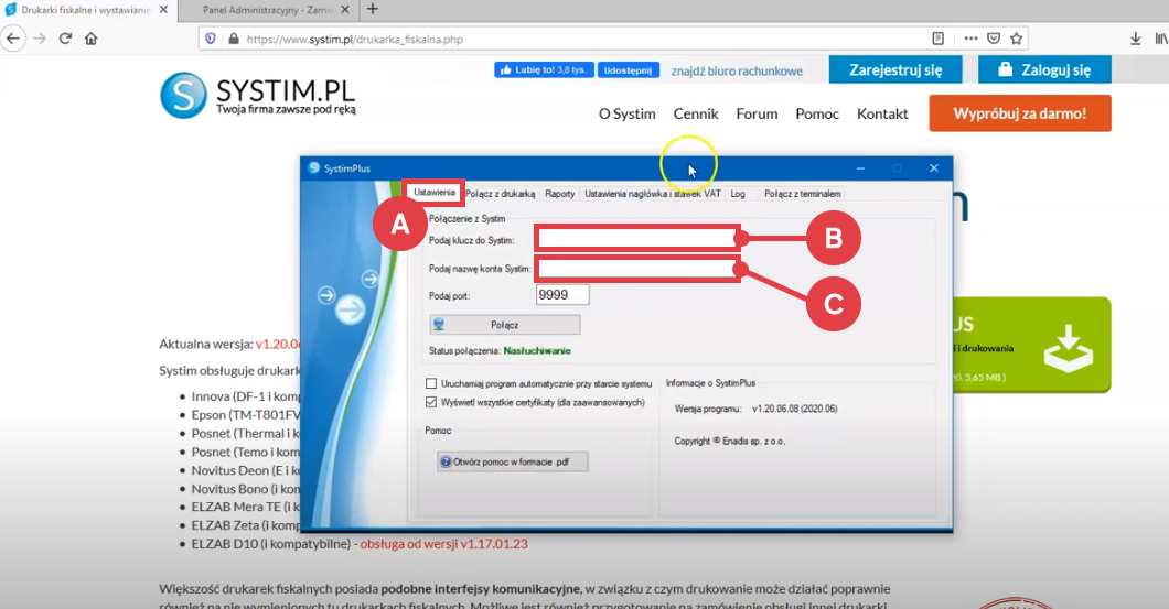 Program SystimPlus > Ustawienia > Połączenie