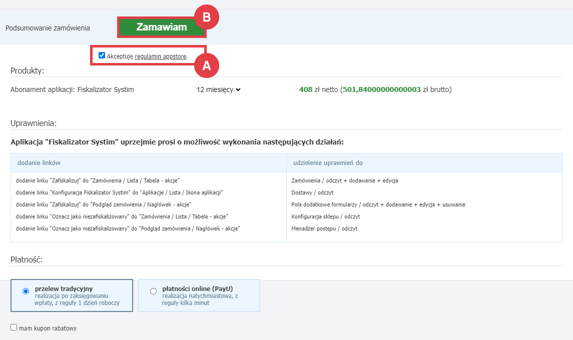Panel administracyjny sklepu > Dodatki i integracje > Aplikacje > Fiskalizator Systim > Instalacja