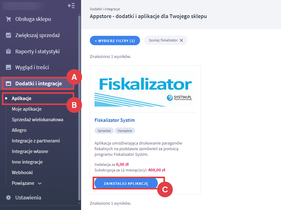 Panel administracyjny sklepu > Dodatki i integracje > Aplikacje > Fiskalizator Systim