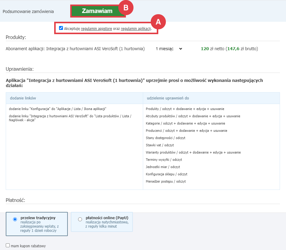 Panel administracyjny sklepu > Dodatki i integracje > Aplikacje > Integracja z hurtowniami ASI VeroSoft (1 hurtownia) > Zamawianie abonamentu