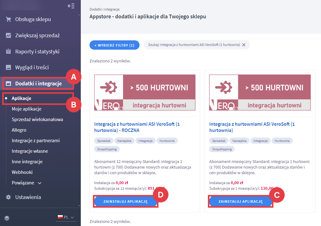 Panel administracyjny sklepu > Dodatki i integracje > Aplikacje > Integracja z hurtowniami ASI VeroSoft (1 hurtownia)