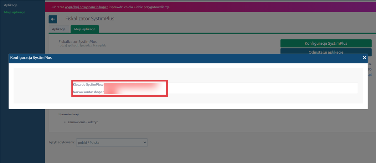 Panel administracyjny sklepu > Dodatki i integracje > Moje aplikacje > Fiskalizator Systim > Konfiguracja