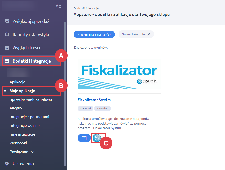 Panel administracyjny sklepu > Dodatki i integracje > Moje aplikacje > Fiskalizator Systim
