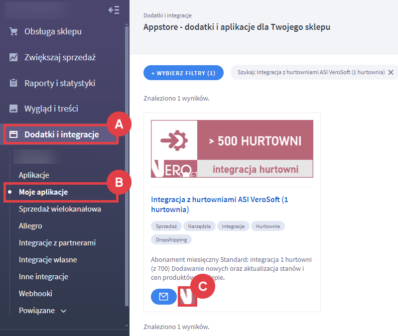 Panel administracyjny sklepu > Dodatki i integracje > Moje aplikacje > Integracja z hurtowniami ASI VeroSoft (1 hurtownia)