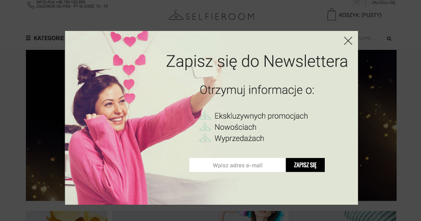 Zaproszenie do zapisu do newslettera w sklepie Selfieroom.pl Jak zachęcić klienta do pozostawienia adresu mailowego?