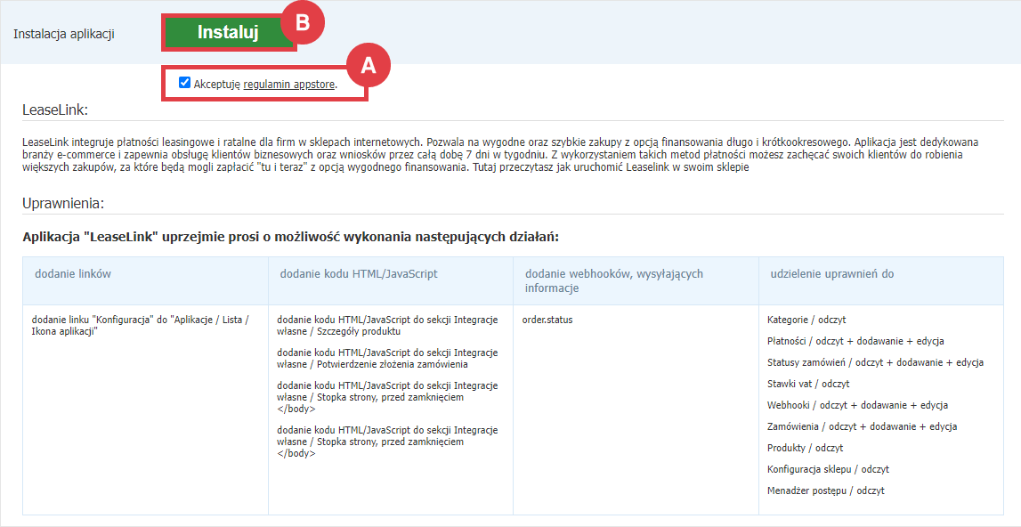 Panel administracyjny sklepu > Dodatki i integracje > Aplikacje > LeaseLink > Instalacja