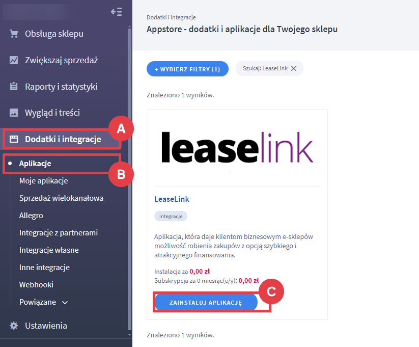Panel administracyjny sklepu > Dodatki i integracje > Aplikacje > LeaseLink