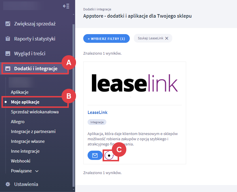 Panel administracyjny sklepu > Dodatki i integracje > Moje aplikacje > LeaseLink