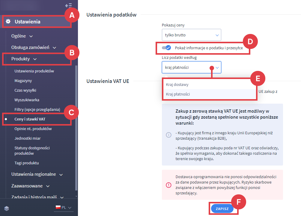 Panel administracyjny sklepu > Ustawienia > Produkty > Ceny i stawki VAT > Informacje o podatku i przesyłce