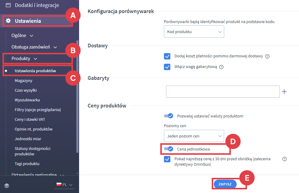 Panel administracyjny sklepu > Ustawienia > Produkty > Ustawienia produktów > Cena jednostkowa