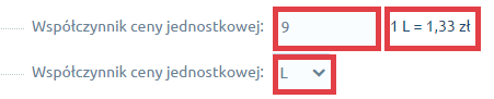 Określanie współczynnika ceny jednostkowej w litrze dla produktu