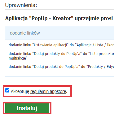 Panel administracyjny sklepu > Dodatki i integracje > Aplikacje > PopUp - Kreator > Instalacja