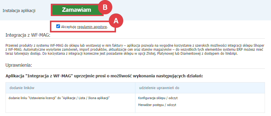 Zamów abonament aplikacji do korzystania z możliwości integracji z WF-MAG Panel administracyjny sklepu > Dodatki i integracje > Aplikacje > Integracja z WF-MAG > Zamawianie abonamentu