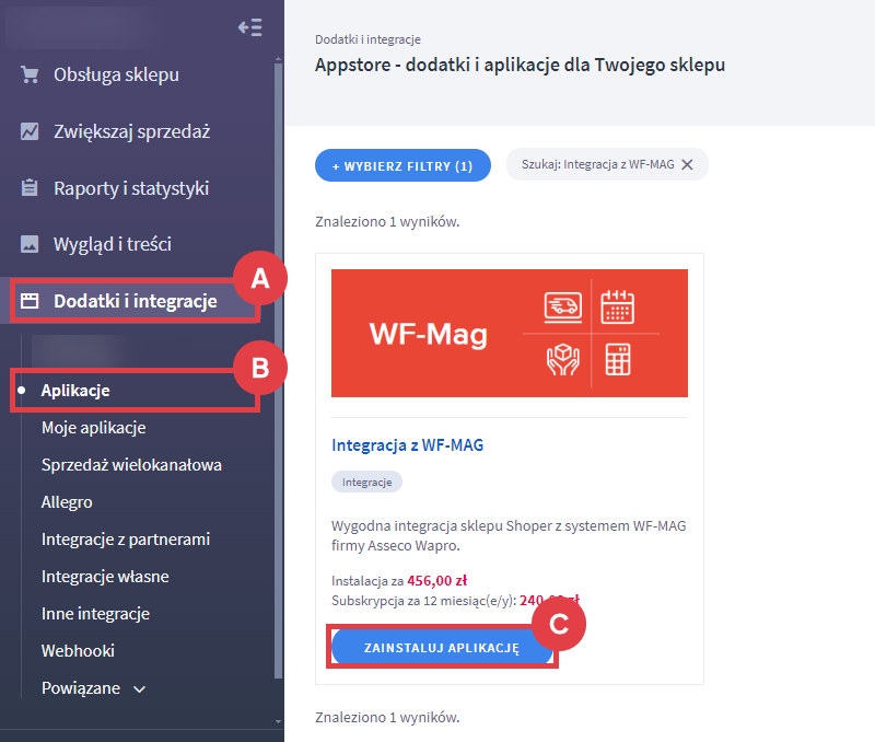 Dodaj integrację z WF-MAG do sklepu internetowego na platformie Shoper Panel administracyjny sklepu > Dodatki i integracje > Aplikacje > Integracja z WF-MAG