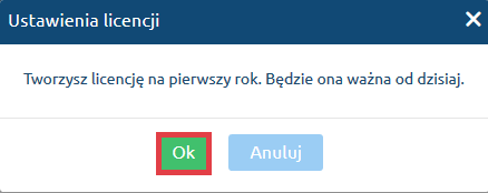 Przykładowy komunikat o utworzeniu licencji na pierwszy rok Panel administracyjny sklepu > Dodatki i integracje > Moje aplikacje > Integracja z WF-MAG > Ustawienia licencji > Licencja na rok