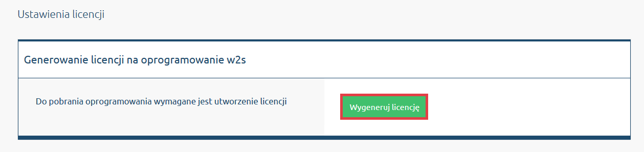 Wygeneruj licencję na oprogramowanie W2S w aplikacji Panel administracyjny sklepu > Dodatki i integracje > Moje aplikacje > Integracja z WF-MAG > Ustawienia licencji