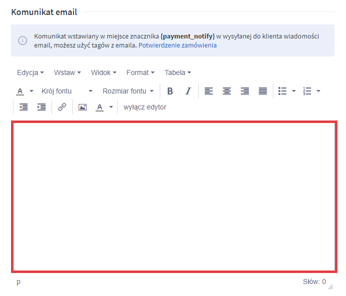Edytuj komunikat w wysyłanej do klienta wiadomości email Edycja płatności Klarna (Sofort) > Komunikat email