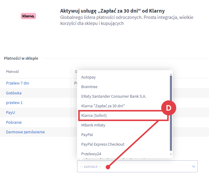 Panel administracyjny sklepu > Ustawienia > Obsługa zamówień > Formy płatności > Klarna (Sofort)