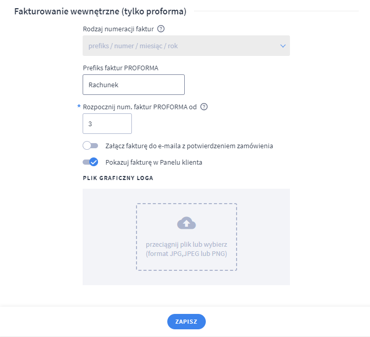 Ustaw ustawienia dla faktur proforma Panel administracyjny sklepu > Ustawienia > Obsługa zamówień > Faktury > Fakturowanie wewnętrzne > Formularz