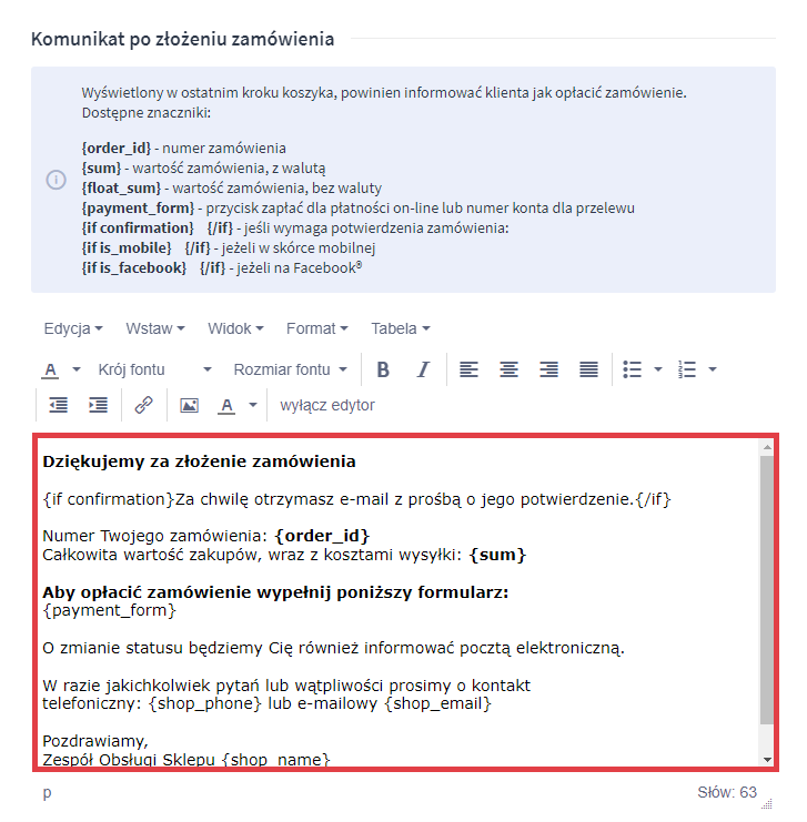 Panel administracyjny sklepu > Ustawienia > Obsługa zamówień > Formy płatności > Braintree > Dane podstawowe > Komunikat potwierdzenia zamówienia