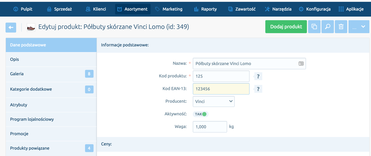 Uzupełnij kod produktu w Panelu administracyjnym sklepu Shoper Panel administracyjny sklepu > Edycja produktu > Dane podstawowe > Kod EAN-13