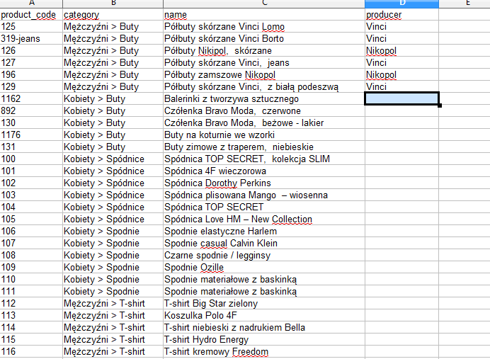 OpenOffice > Plik CSV > Pole producenta