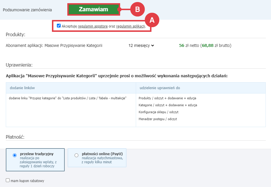 Panel administracyjny sklepu > Dodatki i integracje > Aplikacje > Masowe Przypisywanie Kategorii > Instaluj