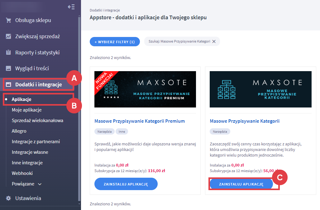 Panel administracyjny sklepu > Dodatki i integracje > Aplikacje > Masowe Przypisywanie Kategorii