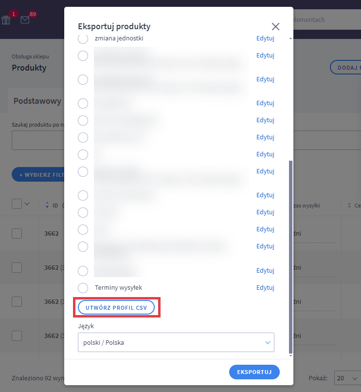 Panel administracyjny sklepu > Obsługa sklepu > Produkty > Eksportuj > Profil CSV
