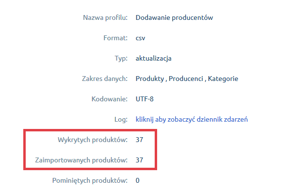Panel administracyjny sklepu > Obsługa sklepu > Produkty > Importuj > Plik CSV > Komunikat