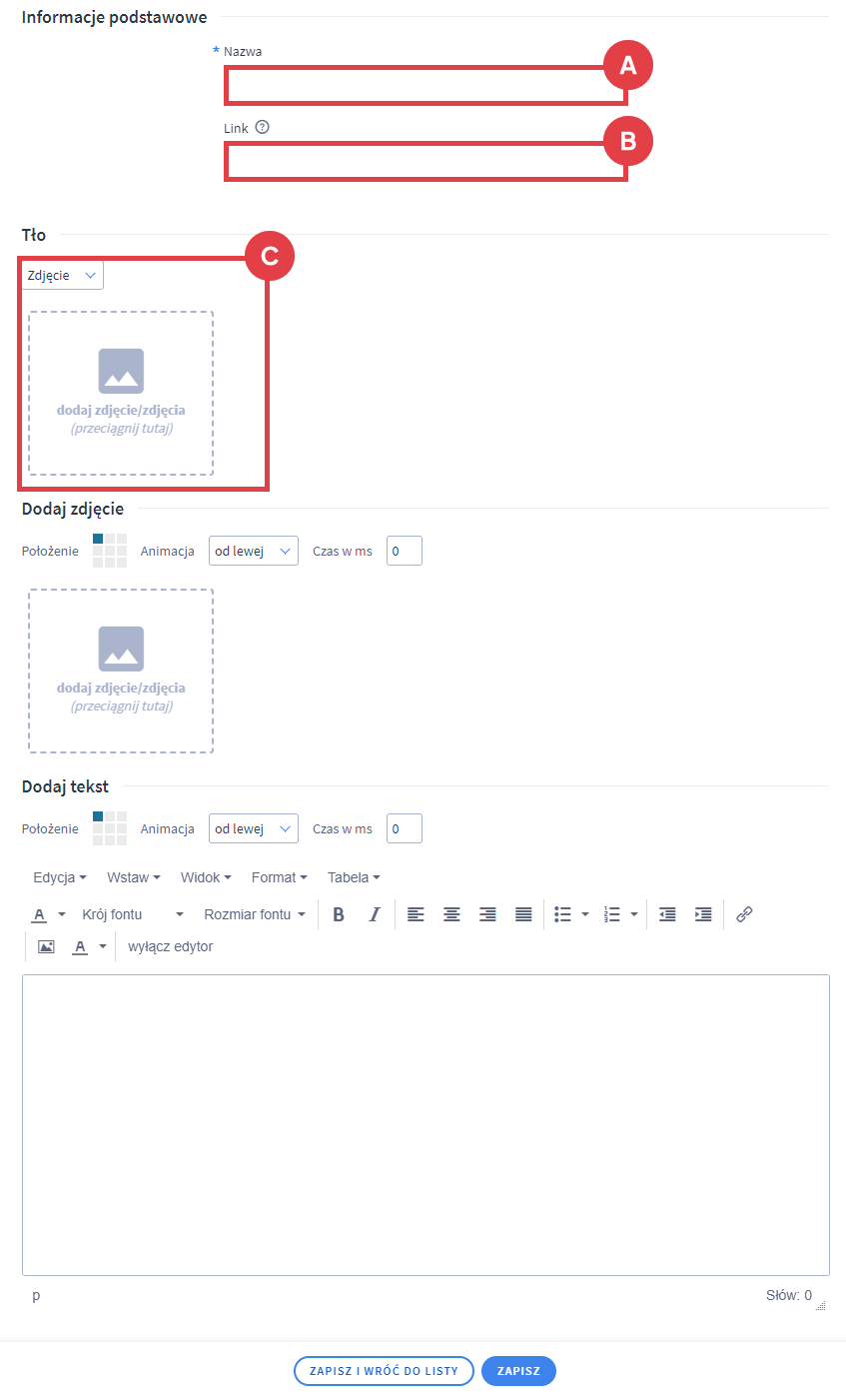 Uzupełnij formularz dodawania nowego slajdu do Slidera Stary konfigurator wyglądu sklepu > Strona główna > Dodaj Slider > Lista zdjęć > Dodaj slajd > Formularz