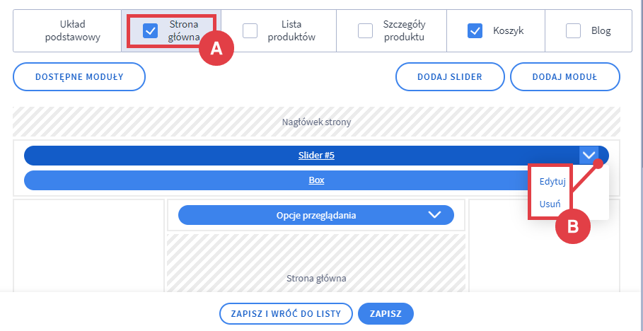 W widoku strony głównej rozwiń opcję modułu Slajder, klikając strzałkę w dół Stary konfigurator zarządzania modułami > Strona główna > Slider