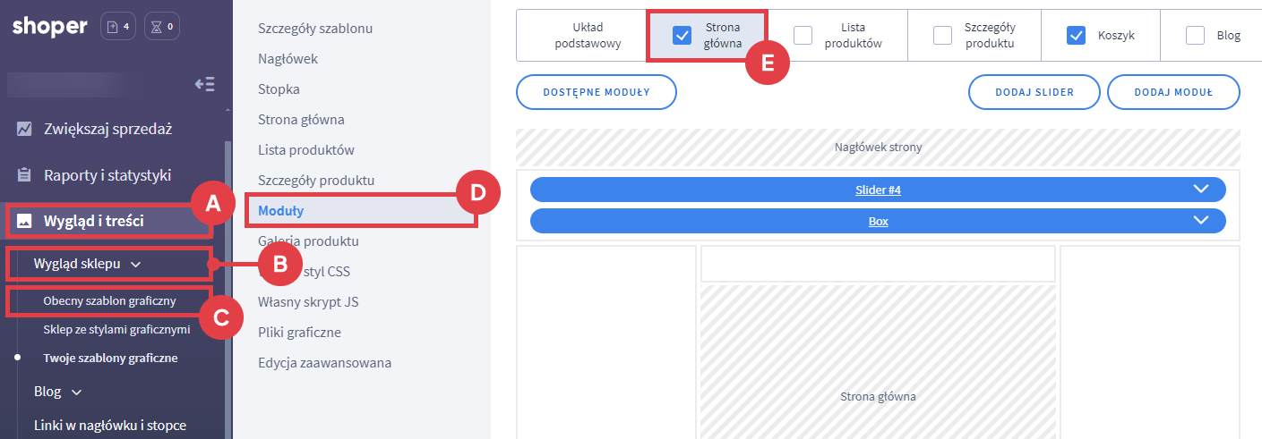 Wybierz układ strony głównej w starym konfiguratorze wyglądu Panel administracyjny sklepu > Wygląd i treści > Wygląd sklepu > Obecny szablon graficzny > Moduły > Stary konfigurator wyglądu > Strona główna