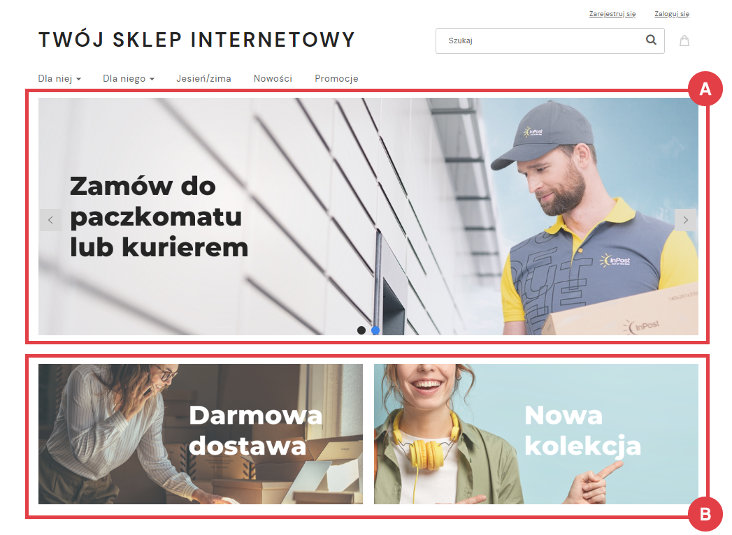 Zaraz po uruchomieniu nowego sklepu, zobaczysz przykładowe treści, które należy usunąć lub zmienić na własne Strona główna nowo uruchomionego sklepu Shoper