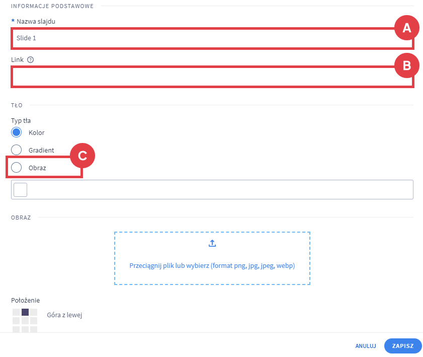 Uzupełnij informacje podstawowe do slajdu Shoper Visual Editor > Dodaj moduł do strony > Slider > Dodaj slajd > Formularz