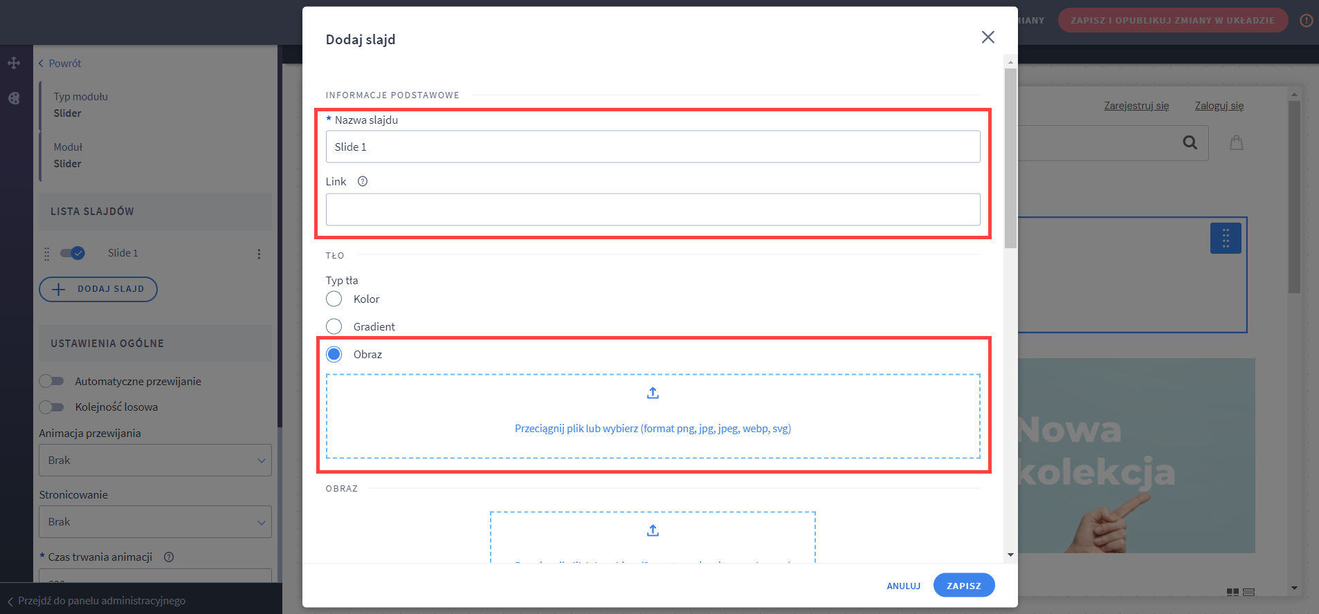 Formularz dodawania nowego slajdu w module Slider