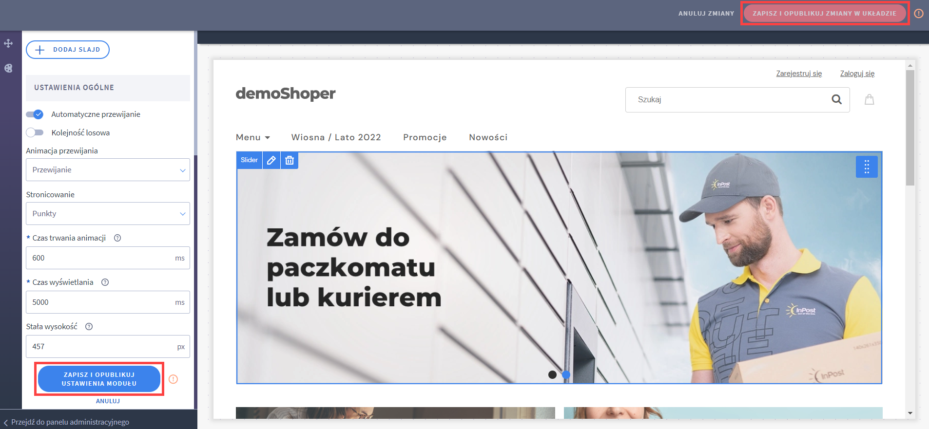 Zapisywanie i publikacja zmian w edytorze Shoper Visual Editor