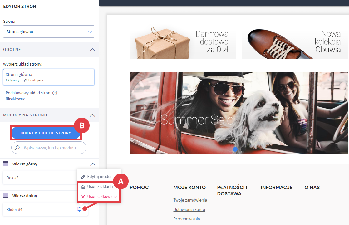 Usuń domyślny Slider z układu Shoper Visual Editor > Slider > Usuwanie