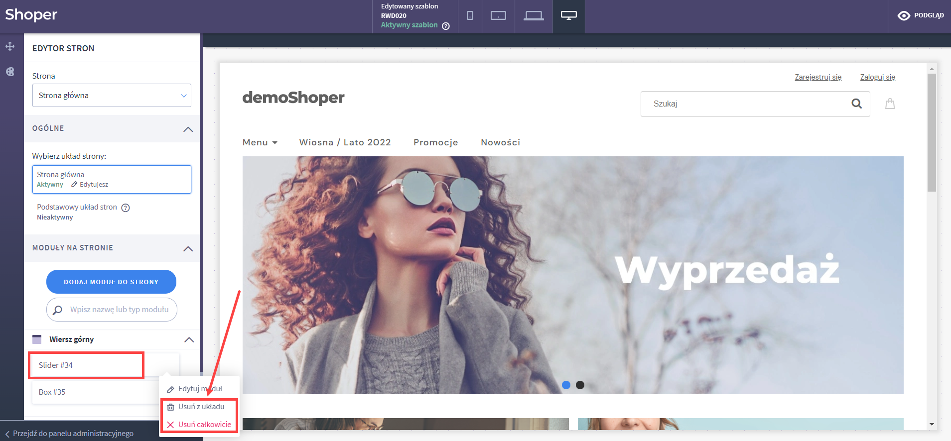 Usuwanie domyślnego modułu Slider z układu przy użyciu Shoper Visual Editor
