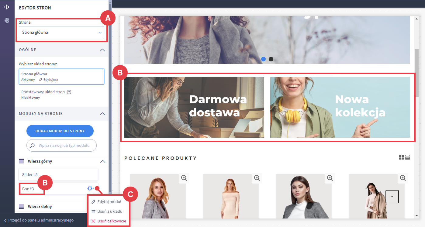 Możesz usunąć moduł Box z przykładowymi obrazkami lub podmienić je na własne Edycja strony głównej w Shoper Visual Editor > Moduł Box