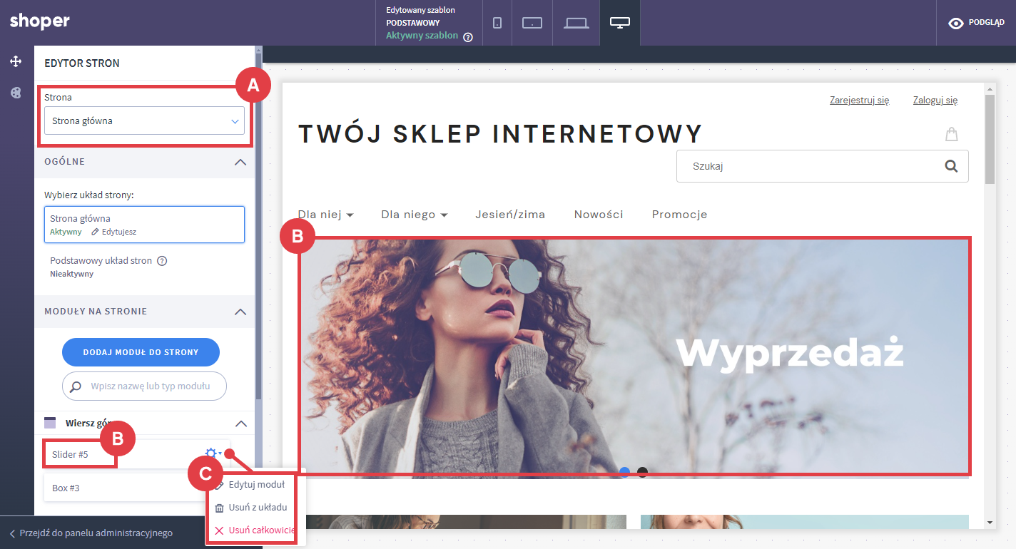 Przejdź do modułu Slajder i wykonaj jedną z dostępnych akcji Moduł slajder w edytorze wizualnym Shoper Visual Editor
