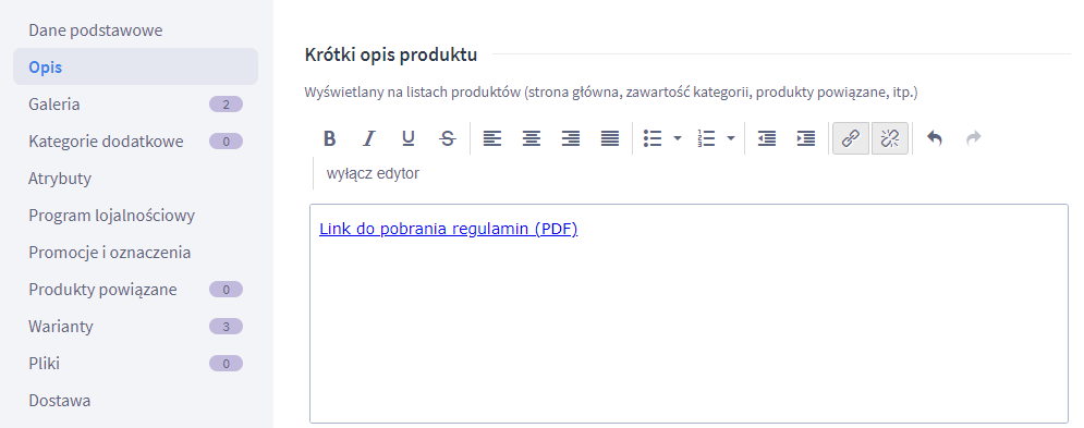 Edycja produktu > Opis > Utworzony link