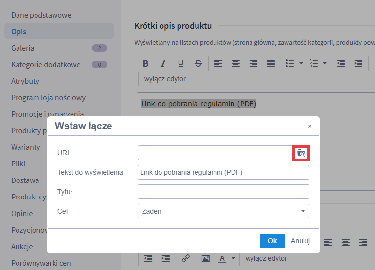 Edycja produktu > Opis > Wstaw łącze > Wyszukiwanie