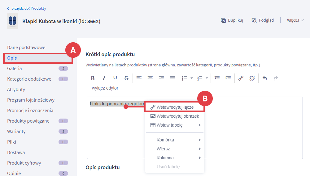Panel administracyjny sklepu > Obsługa sklepu > Produkty > Edycja produktu > Opis > Wstaw łącze