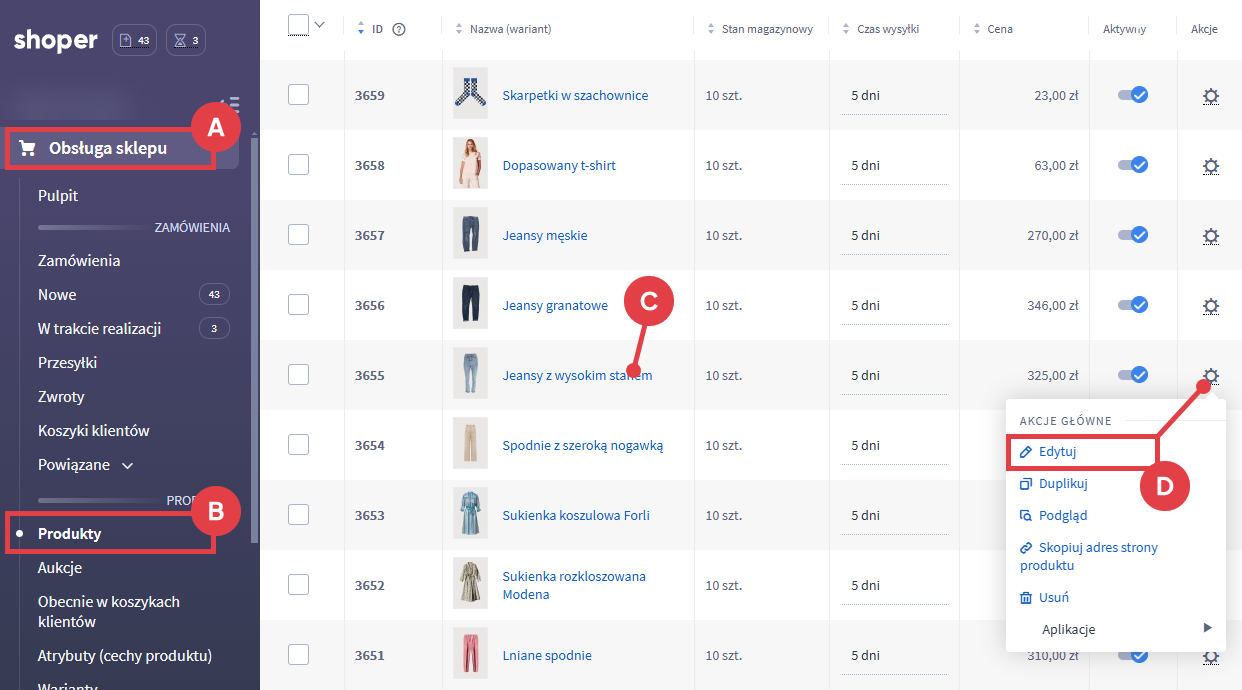Przejdź do edycji danego produktu Panel administracyjny sklepu Shoper
