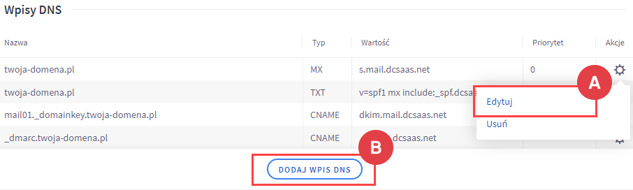 Edytuj lub dodaj wpis DNS Panel administracyjny > Ustawienia > Ogólne > Domeny > Edycja strefy DNS