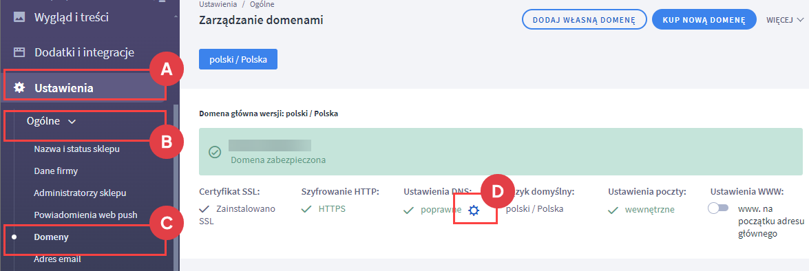 Przejdź do ustawień strefy DNS Panel administracyjny > Ustawienia > Ogólne > Domeny
